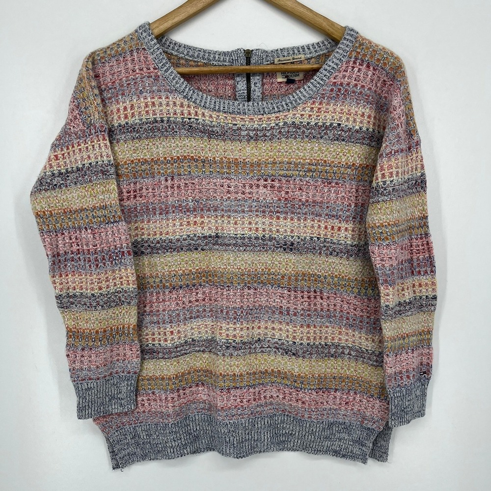 Hilfiger Denim Womens Multi Color Striped Waffle Knit Zip Back Sweater Medium